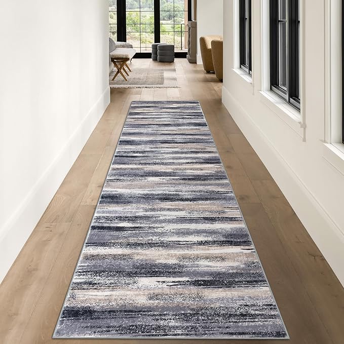 Lansny Modern Abstract Runner Rug 3x10, Grey Black Multi Washable Kitchen Runner Non-Slip Soft Hallway Rug Runner Thin Print Faux Wool Carpet for Entryway Bedroom Laundry Room Indoor Home Office Decor