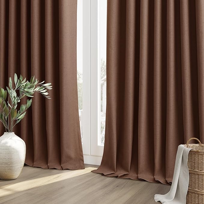 Guken 100% Blackout Curtains 72 Inch Length 2 Panels Set for Living Room Bedroom Back Tab Thermal Insulated Black Out Linen Drapes Room Darkening Window Curtains 72 Inches Long,Rustic Brown