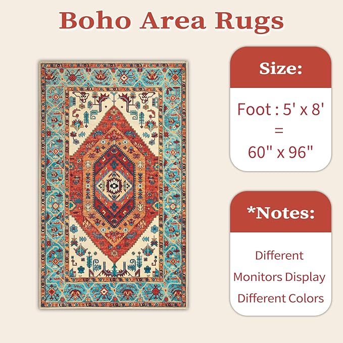 SERISSA 5x8 Area Rugs for Living Room, Large Washable Non-Slip Boho Rug, Ultra Soft Vintage Orange Oriental Tribal Print Distressed Carpet for Bedroom Dining Room Dorm Office Home Decor