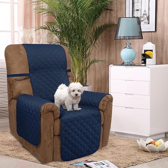 U-NICE HOME Recliner Chair Covers Reversible Chair Cover Pet Covers for Dogs with Elastic Straps Water Resistant Diamond Quilted (28''Recliner Oversized, Navy/Taupe)