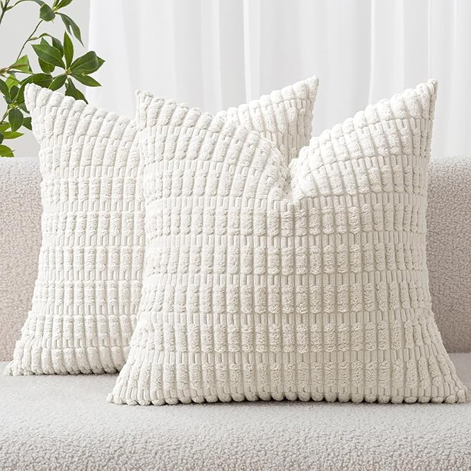 MIULEE Pack of 2 Corduroy Decorative Euro Sham Throw Pillow Covers 24x24 Inch Soft Boho Striped Pillow Covers Modern Farmhouse Home Decor for Sofa Living Room Couch Bed Pure White