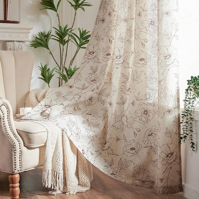 jinchan Floral Linen Curtains for Living Room 96 Inch Length Brown Flower Curtain Rod Pocket Back Tab Farmhouse Curtains with Printed Floral Bedroom Window Curtain Set, 2 Panels Brown