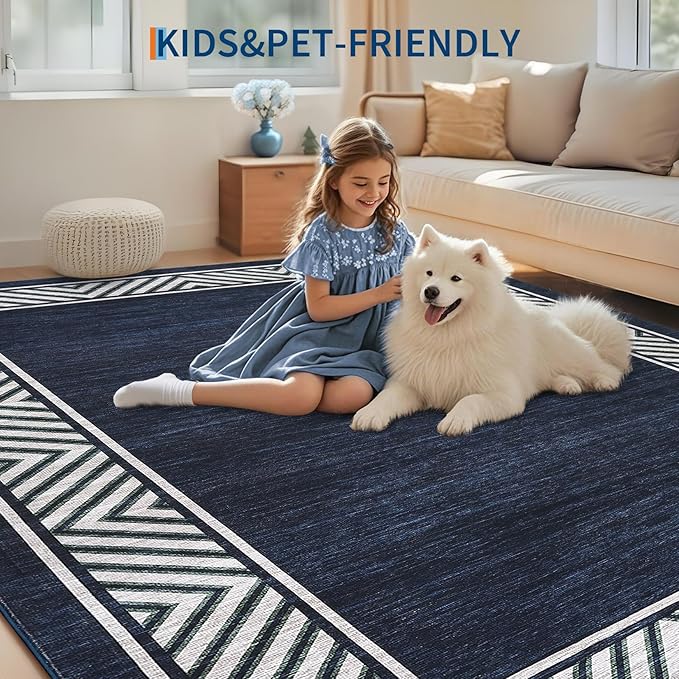 GarveeHome Bordered Bedroom Rugs 5x7 Ultra-Soft Indoor Carpet, Non-Slip Modern Geometric Living Room Rug, Stain-Resistant Neutral Accent Floor Cover for Dining Room, Nursery, Office, Navy Blue