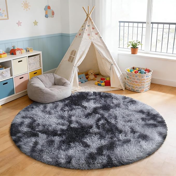 Tie-Dyed Black Fluffy Round Rug,Soft Area Rugs for Girls Room,Shaggy Rugs 5'X5' for Living Room,Non Slip Circle Rug for Kids Bedroom,Shag Plush Nursery Rug,Plush Carpet for Dorm,Cute Furry Room Decor