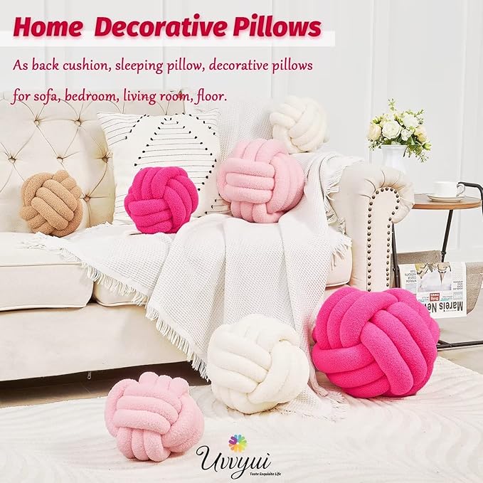 Uvvyui Knot Pillow Ball, Soft Home Decorative Pillows, Round Throw Pillow, Handmade Knotted Plush Pillow, Round Boucle Pillow Cushion (8.6 Inches Hot Pink)