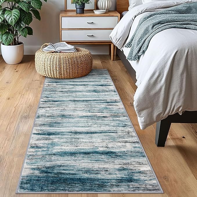 KOZYFLY Modern Abstract Hallway Runner Rug, 2x6 Washable Rug Runner Non-Slip Soft Striped Kitchen Runner Rugs, Print Blue Carpet Runner for Entryway Bathroom Laundry Room Foyer