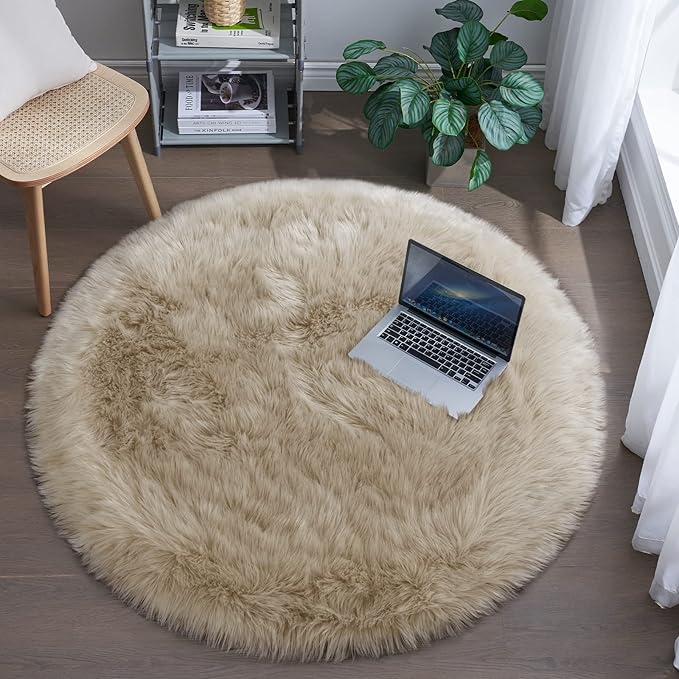 Fluffy Round Rug for Kids Room Beige Circle Faux Fur Area Rug for Bedroom, 4x4 Fuzzy Shag Rugs Furry Nursery Rug Teepee Mat, Circular Plush Floor Carpet