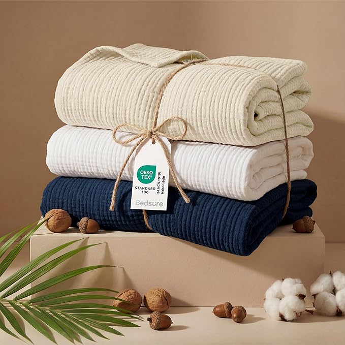 Bedsure 100% Cotton Muslin Blanket King Size for Bed - 4-Layer Breathable and Lightweight Thin Soft Summer Gauze Muslin Blanket for Adults, Navy Blue, 108x90 Inches