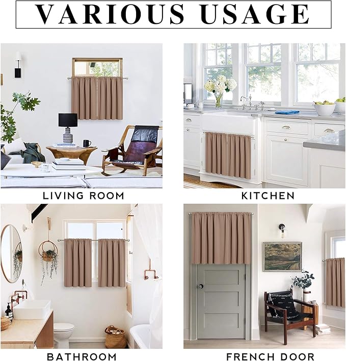 RYB HOME Blackout Privacy Bathroom Window Curtains, Short Thermal Insulated Heat Blocking Privacy Rod Pocket Half Window Curtain Tiers for Nursery Bedroom, Width 42 by Length 30, Mocha, 2 Panels