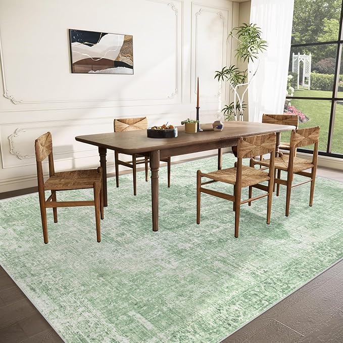 Area Rug 9x12 Washable Rug, Vintage Boho Medallion Rugs Non-Slip Soft Low Pile Large Distressed Rug Indoor Retro Carpet for Living Room Bedroom Dining Room Home Office (SageGreen, 9'x12')