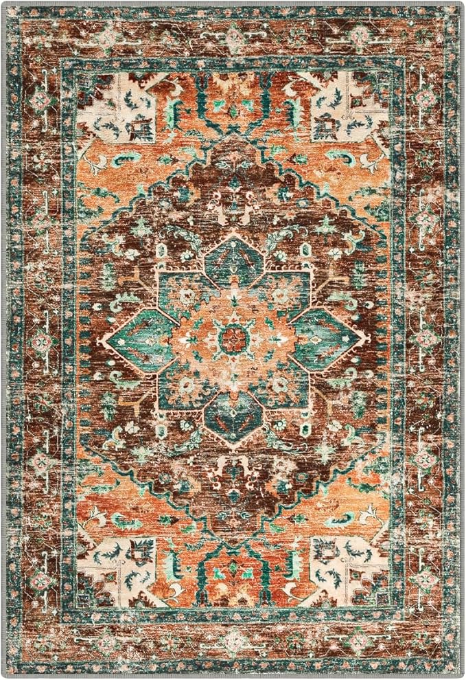 Yamaziot Washable Area Rug, 2x3 Small Entryway Rug Non-Slip Boho Vintage Rug with Rubber Backing, Polyester Soft Distressed Floor Carpet for Indoor Door Mat, Kitchen, Laundry Bathroom