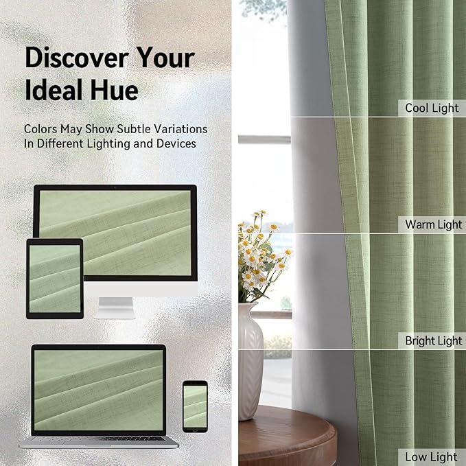 100% Blackout Shield Linen Blackout Curtains for Bedroom, Sage Green Grommet Curtains for Living Room, Thermal Insulated Room Darkening Drapes for Nursery, Boho Home Decor, 50" W x 72" L, 2 Panels