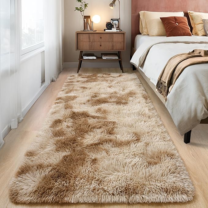 Tepook Fluffy Runner Rugs for Bedroom Aesthetic 2x6 Feet, Shag Soft Bedside Rug with Non-Slip Bottom, Fuzzy Plush Carpet for Room, Hallway Rug for Nursery Dorm Indoor Home Decor, Tie-Dyed Beige