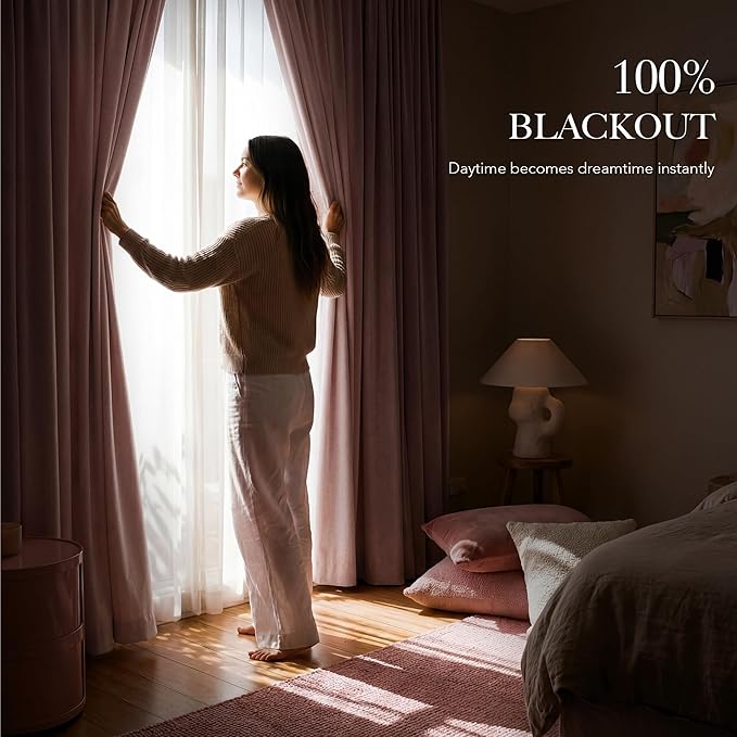 RYB HOME Pink 100%Blackout Linen Curtains for Girl's Room W52 x L84, Thermal Insulated &Privacy Assurd Curtains for Bedroom/Nursery/Living Room, Rod Pocket&Back Tab Drapes Boho Vintage Style, 2 Panels