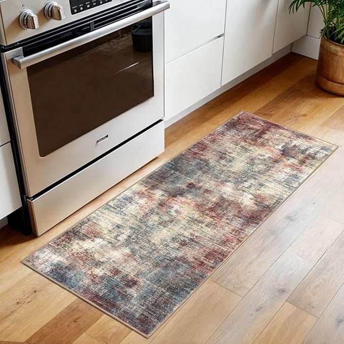 IOHOUZE Abstract Runner Rug 2x5 Ft Washable Runners for Hallways, Non Slip Kitchen Runner Printed Faux Wool Entryway Runner Indoor, Modern Abstract Floor Carpet for Hall Kitchen Bedroom, Red/Multi