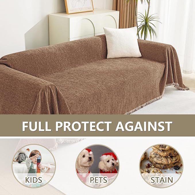 MYSKY HOME Loveseat Cover Camel Couch Cover Sectional Couch Covers for 2 Cushion Couch Sofa Thick Universal Chenille Sofa Cover with Tassel Durable Furniture Protector for Dogs 91" x 118"