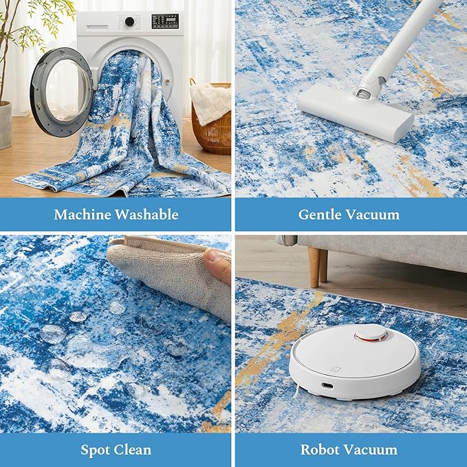 Rugflix 8x10 Area Rugs for Living Room, Washable Large Rug Stain-Resistant Low Pile, Modern Carpet for Dining Room Home Office Kid Room Nursery Bedroom, Blue Gold