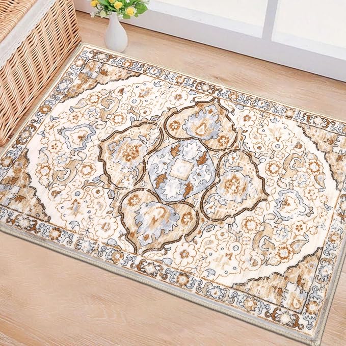 HEBE Washable Area Rug 2'x3' Non Slip Soft Distressed Medallion Bedroom & Living Room Accent Throw Vintage Entry Floor Carpet for Dining Room & Bathroom Entryway