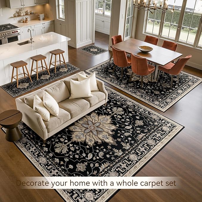 Area Rugs 5'x8' Washable Non-Slip, Floral Vintage Distress Print Pattern Medallion Carpet for Living Room Bedroom Dining Room, Black Brown Neutral Dark Tan