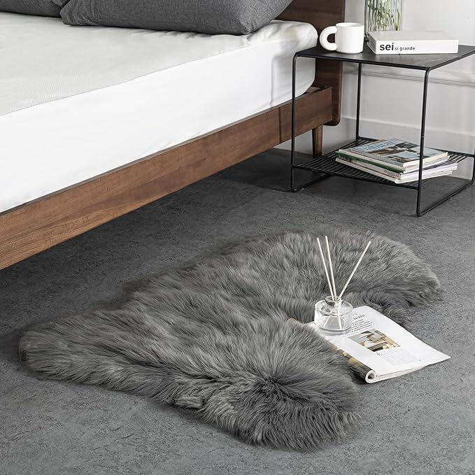 Ashler Faux Fur Rug, Fluffy Shaggy Area Rug Ultra Soft 2.3 x 3.3 Feet Sheepskin Fur Rug, Dark Grey Fuzzy Rug Machine Washable Shag Rug, Nursery Decor Throw Rugs for Bedroom, Kids Room, Living Room