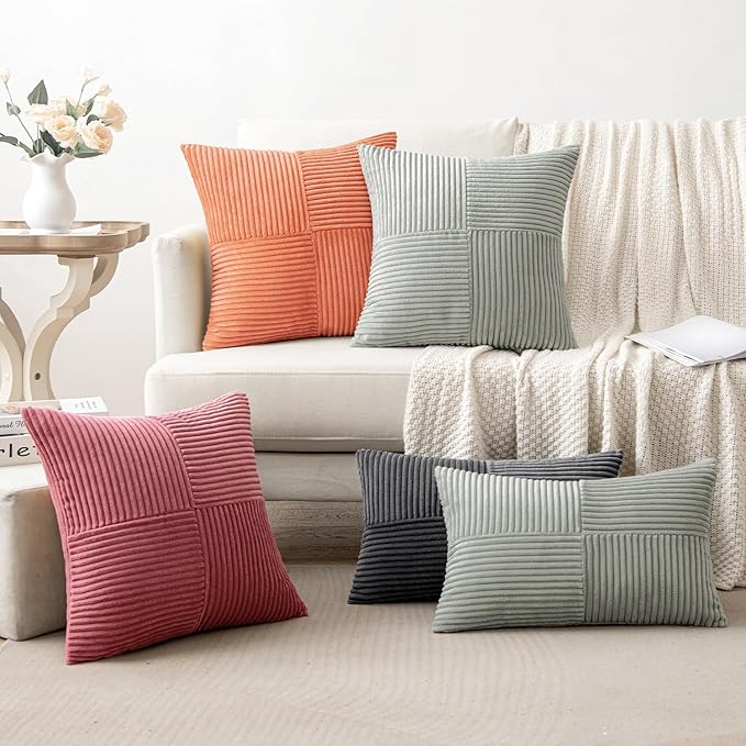 MIULEE Coral Red Decorative Throw Pillow Covers 20x20 Inch for Couch Bed Sofa Pack of 2 Boho Farmhouse Throw Pillows Soft Cross Corduroy Patchwork Textured Cushion Cases