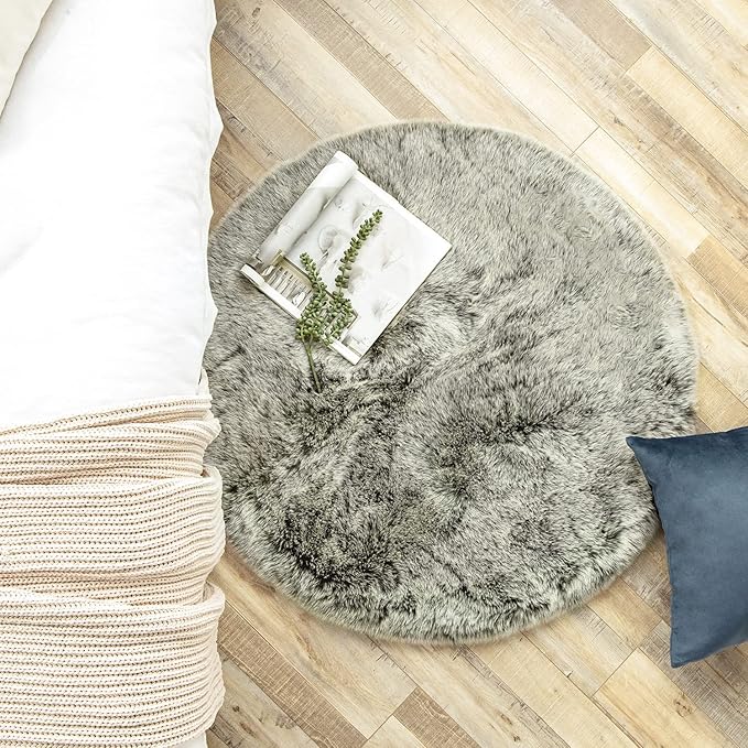 Ashler HOME DECO Soft Fox Faux Fur Chair Couch Cover Area Rug for Bedroom Floor Sofa Living Room Green White 3 x 3 Feet Round