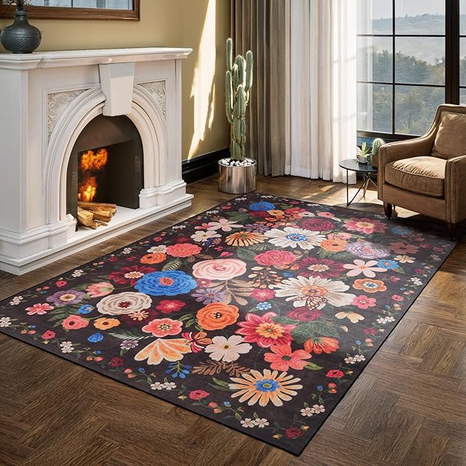 Floral Washable 6x9 Area Rugs, Soft Black/Brown Bedroom Rug for Living Room Ultra-Thin Non Slip Dining Room Rug, Stain Resistant Rugs Easy Clean Throw Carpet for Office(6 x 9, Black/Brown)