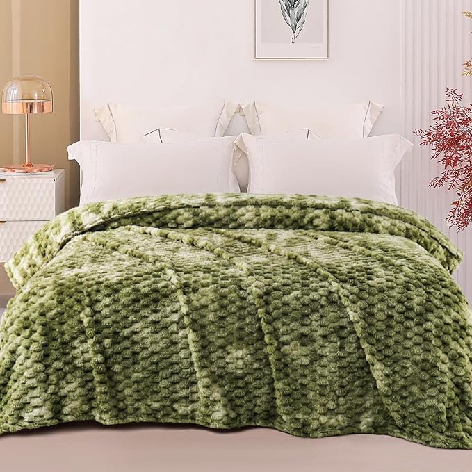 Exclusivo Mezcla Fleece Queen Blanket for Bed, Extra Large Fuzzy Tie-dye Olive Green Bed Blankets, Soft Cozy Plush Sofa Throws for All Seasons, 90x90 Inches