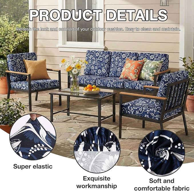 hyha 14Pcs Patio Cushion Covers, Stretch Outdoor Couch Cushion Covers Replacement, Washable Outdoor Chair/Sofa Slipcovers for Patio Furniture Cushions Protector with Elastic Bottom(Baroque,Cover Only)