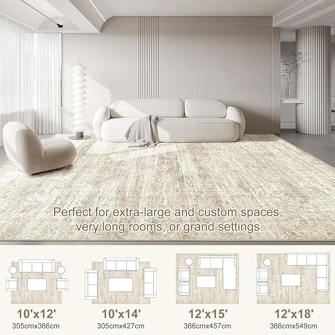 10x12 Area Rug Living Room Rugs - Washable Neutral Modern Abstract Soft Thin Rug Indoor Floor No Slip Rug Carpet for Bedroom Under Dining Table Home Office Decor - Beige/Brown