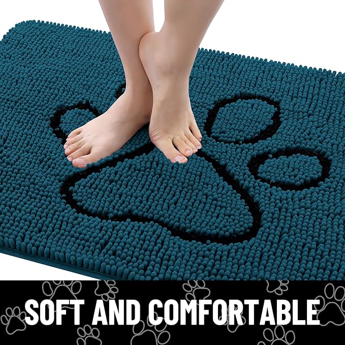 Smiry Dog Door Mat for Muddy Paws, Absorbent Dirt Trapper Non Slip Quick Dry Washable Chenille Mat for Mud Dogs, Entry Rug for Indoor and Outdoor (36x24 Inches, Atlantic Blue and Black)