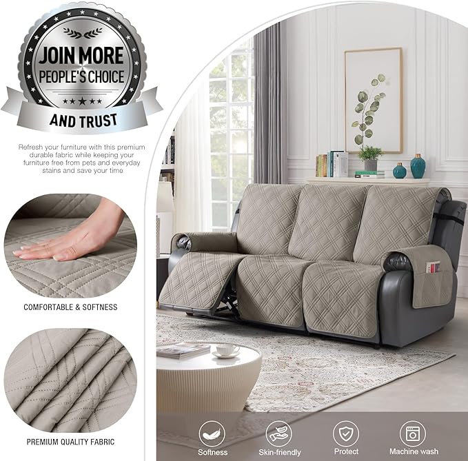 TAOCOCO Waterproof Recliner Sofa Cover, Non Slip Split Recliner Couch Covers with Elastic Straps Pocket, Washable Reclining Sofa Cover Furniture Protector for Kids, Dogs, Pets(3 Seater, Light Brown)