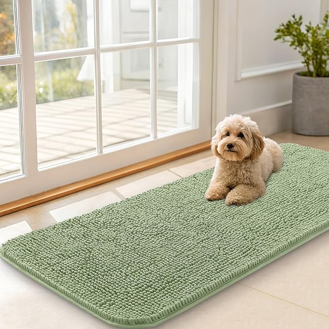 OLANLY Dog Door Mat for Muddy Paws 47x20, Absorbs Moisture and Dirt, Absorbent Non-Slip Washable Doormat, Quick Dry Chenille Mud Mat for Dogs, Entry Indoor Entryway Carpet for Inside Floor, Sage Green