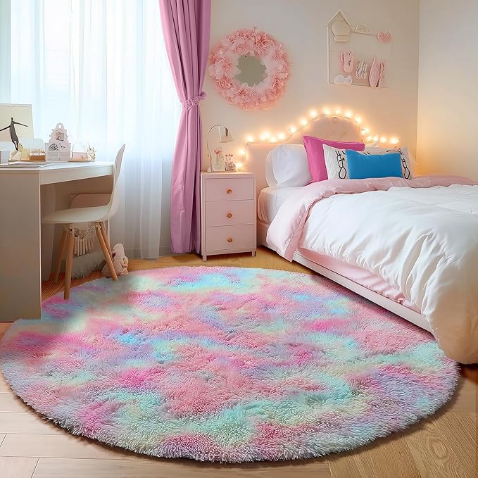 ONASAR Rainbow Round Area Rugs 5ft, Soft Bedroom Circle Rug Mats for Kids Girls Teen Room, Kawaii Fluffy Plush Shaggy Carpet for Dorm Nursery Living Room Playroom Home Decor Princess Castle