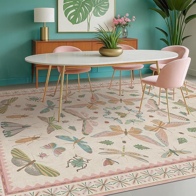 Hazo Haus Cute Rugs for Bedroom Girls - Pink Living Room Rugs 8X10, Dining Room Table, Washable Pastel Flower Insect Print Whimsical Décor