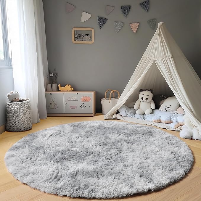 ONASAR Tie-Dyed Light Grey Round Area Rug 4ft, Ultra Soft Bedroom Circle Rugs for Kids Girls Teen Room, Fluffy Plush Shaggy Carpet Floor Mats for Baby Nursery Living Room Playroom Home Decor