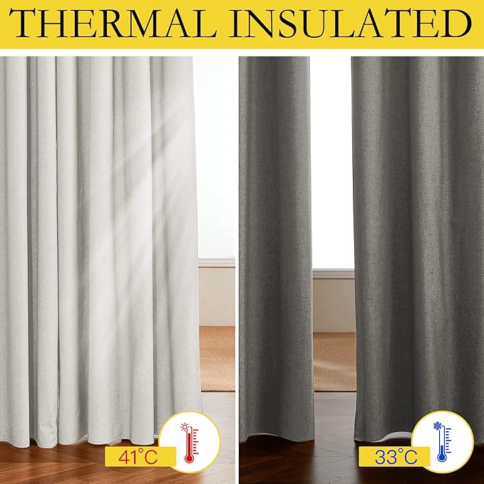 NICETOWN 100% Absolutely Blackout Linen Curtains with Thermal Insulated White Liner, Natural, W52, 2 Pieces, Noise Reducing Textured Linen Look Curtains for Windows 108 inch Length for Classroom