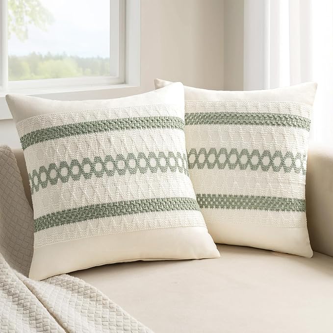 MIULEE Set of 2 Sage Green Boho Decorative Pillow Covers 18x18 Inch Farmhouse Rustic Couch Throw Pillows Modern Summer Cotton Cushion Covers Retro Cute Macrame Woven Spring Decor for Bed Sofa Chair