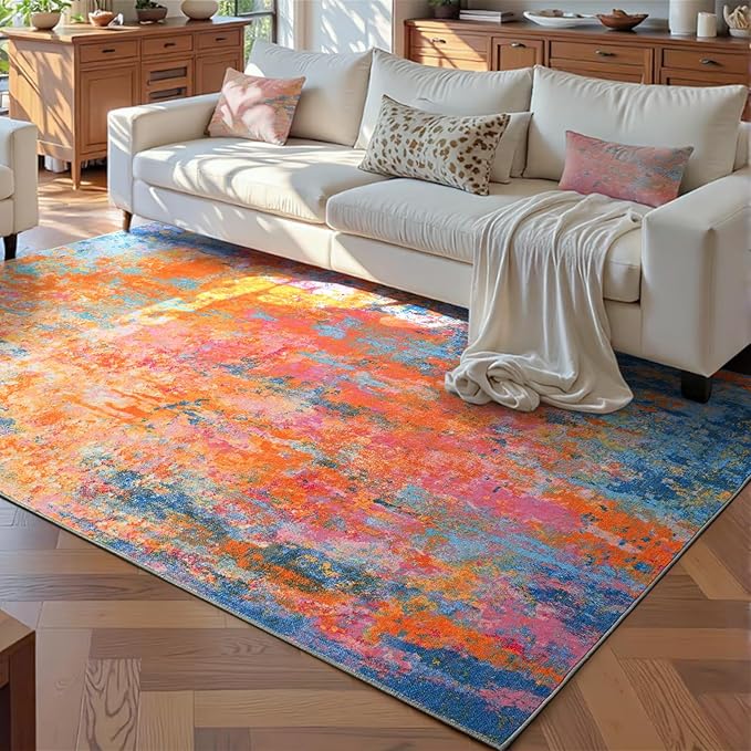 Ompaa Living Room Rug 5x7 Rainbow Area Rugs Washable Boho Colorful Rug Non Slip Abstract Vintage Indoor Large Carpet for Bedroom, Classroom, College Dorm, Farmhouse, Dining Room, Kids Playroom