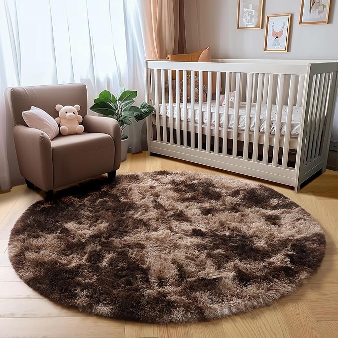 Amdrebio Tie-Dyed Brown Round Circle Rugs 5Ft for Bedroom, Fluffy Shag Plush Area Rugs for Kids Room, Living Room Decor Aesthetic, Fuzzy Fur Throw Floor Carpet for Playroom Preppy Dorm Baby Nursery