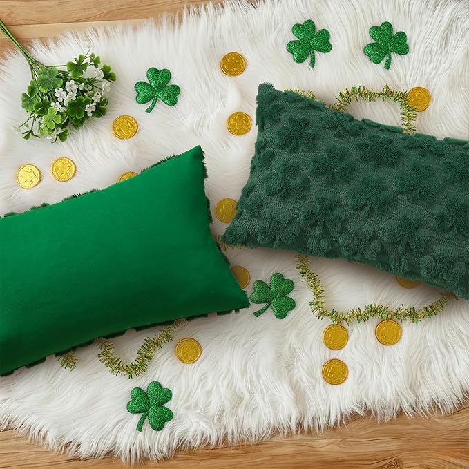 decorUhome St. Patrick’s Day Shamrock Green Pillow Covers 12x20 Inch Set of 2, Soft Plush Faux Wool Throw Pillow Covers, Farmhouse Spring Holiday Decor for Sofa Living Room
