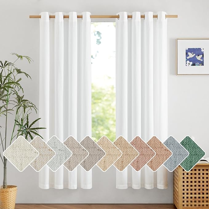 NICETOWN Thick Linen White Curtains 72 inches Long for Doorway, Grommet Vertical Drapes Privacy Added with Light Through Window Treatments for Bedroom, W55 x L72, 2 Pieces
