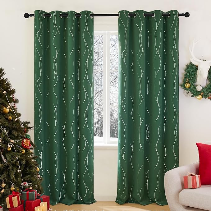 Deconovo Green Curtains, Christmas Blackout Drapes, Thermal Insulated Soundproof Drape, Wave Line Dot Foil Print, 52 x 84 Inch, 2 Panels, Machine‑Washable Window Panel for Living Room Kitchen Nursery