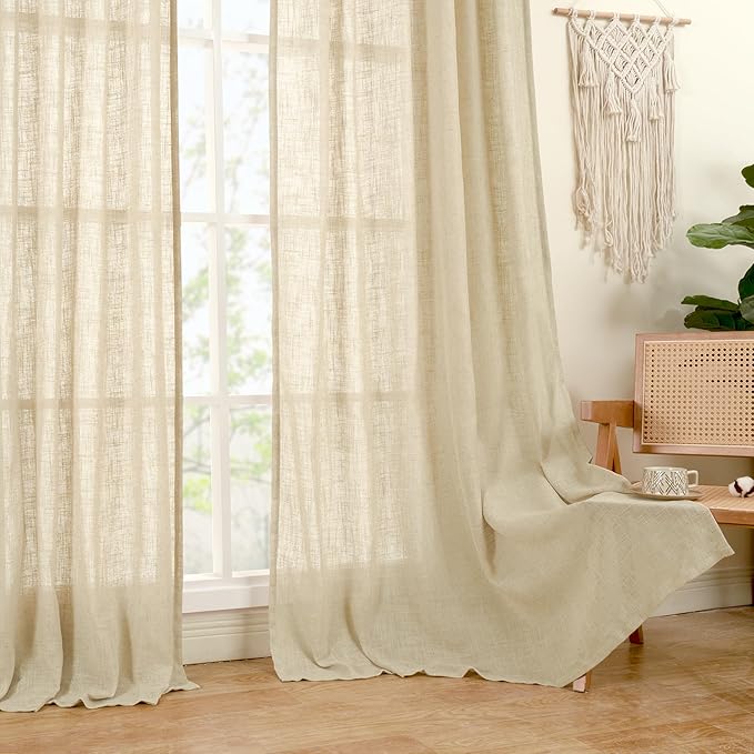 LAMIT Natural Sheer Linen Curtains for Bedroom, Faux Linen Textured Light Filtering Drapes Back Tab and Rod Pocket Boho Neutral Burlap Panels for Farmhouse/Living Room, 2 Panels, 52 x 72 Inch