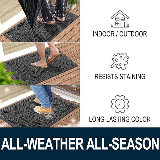 Colorxy Waterproof Doormat, Sturdy Natural Rubber Front Indoor Mat, Non Slip Low Profile Outdoor Door Mats, Stain and Fade Resistant Floor Mats, Easy Clean Patio Entry Mat, 48''x32'', Light Grey