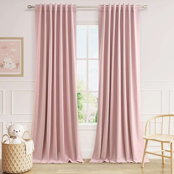 Guken 100% Blackout Linen Curtains 96 Inch 2 Panels Set for Girl's Bedroom, Living Room, Nursery, Back Tab Thermal Insulated Black Out Drapes Room Darkening, Pink