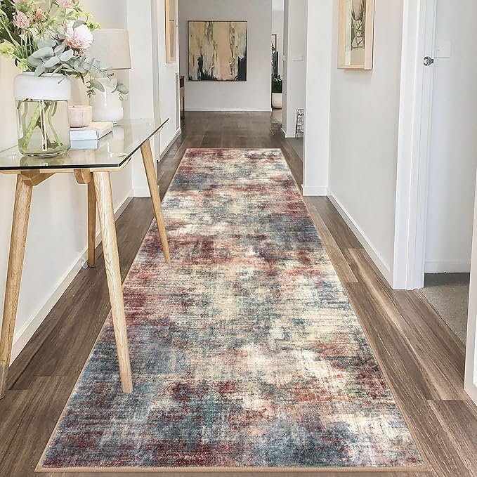IOHOUZE Abstract Runner Rug 3x10 Ft Washable Runners for Hallways, Non Slip Kitchen Runner Printed Faux Wool Entryway Runner Indoor, Modern Abstract Floor Carpet for Hall Bedroom, Red/Multi