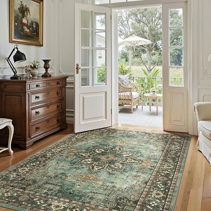 Lofus 5x7 Area Rugs for Living Room, Washable Area Rug, Rugs for Bedroom, Kitchen, Vintage Boho Carpet, Soft Non-Slip, Low Pile Large Area Rug for Office Dining Room, Green
