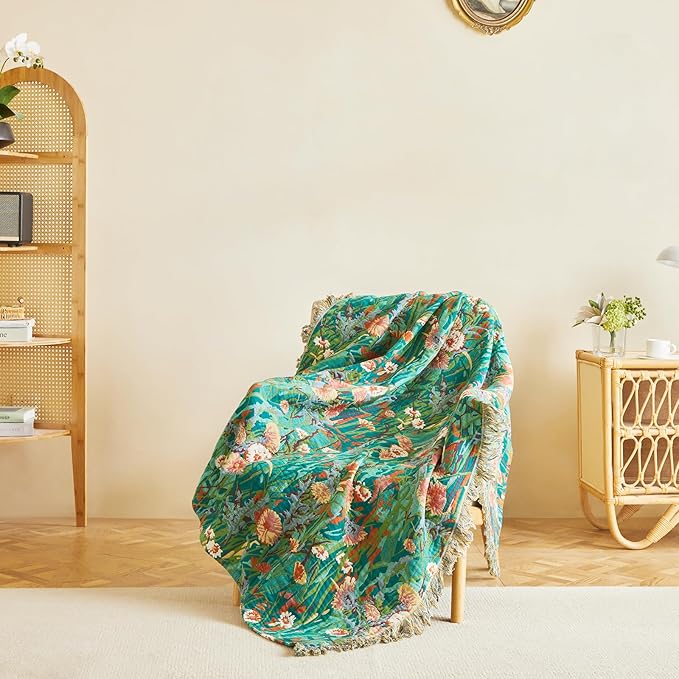 MSGKV Boho Throw Blanket 50"x60" Floral Blankets for Couch 100% Cotton Chair Sofa Throws Lightweight Farmhouse Muslin Spring Breathable Bed Blankets Home Decor All Seasons