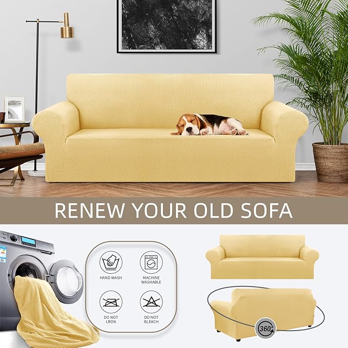 KEKUOU Stretch Sofa Cover Slipcover ，Couch Covers for 3 Cushion Couch Sofa pet Friendly (78"-94") Furniture Protector Sofa with Elastic Bottom for Kids,Dog, Jacquard Small Checked(Large,Champagne)